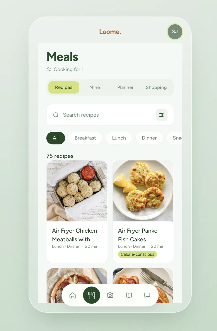 Loome app meals screen