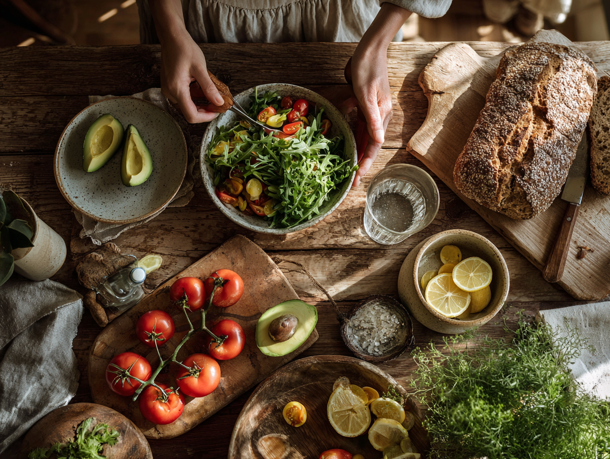 A warm kitchen table with fresh produce